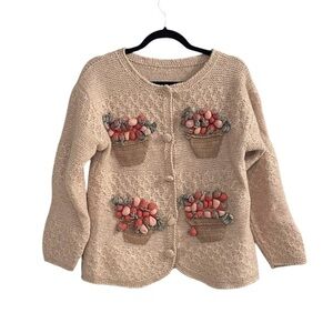 Handmade Hand Knit Wool Cardigan Sweater Tan Strawberries Small